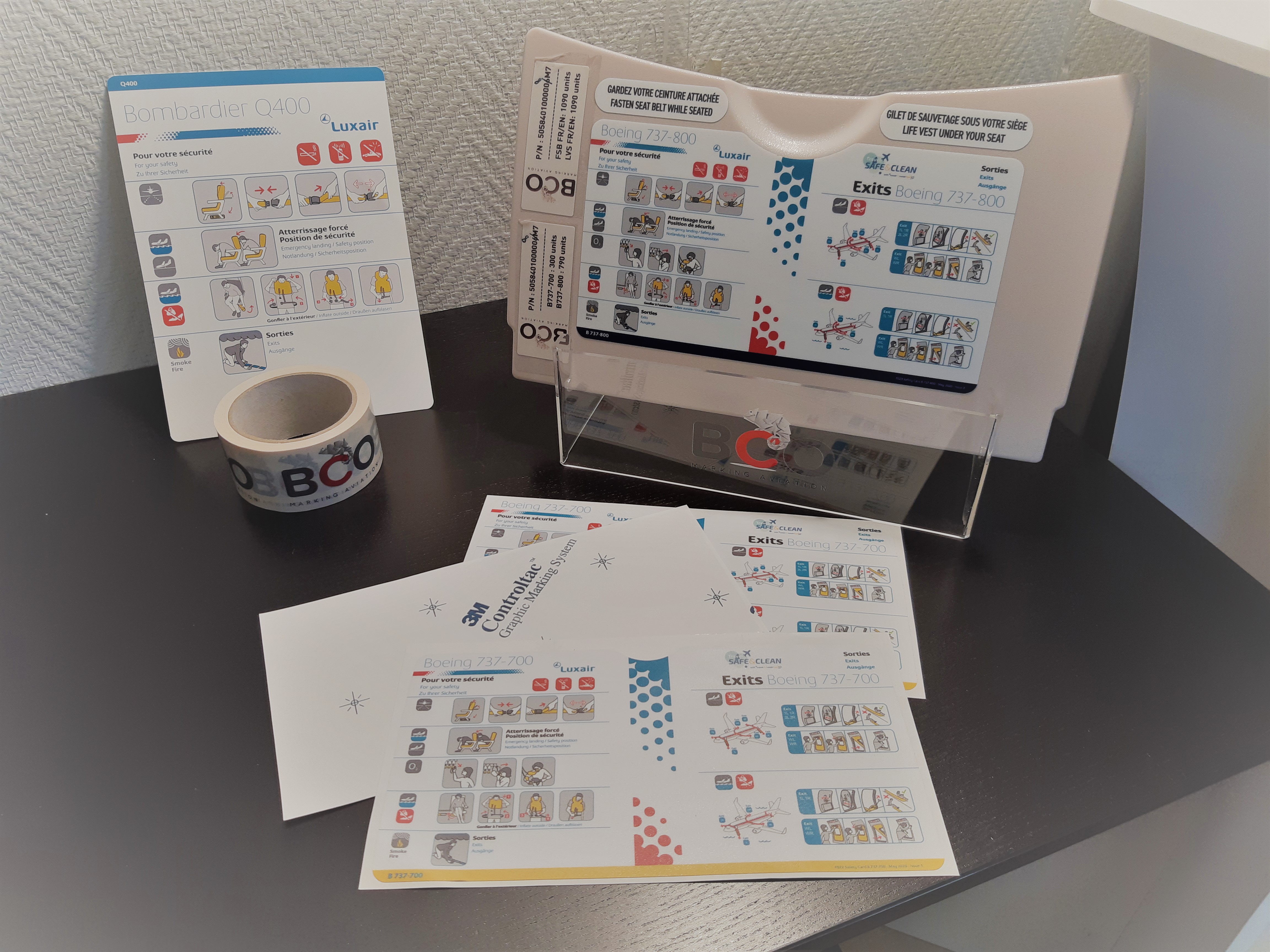 BCO Aviation adhesive safety card on tray table cabin antimicrobial stickers